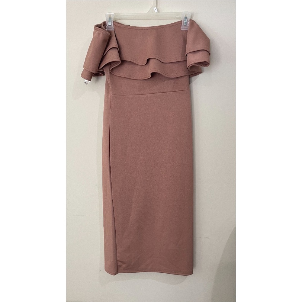 missguided blush pink bandeau ruffle midi dress 6